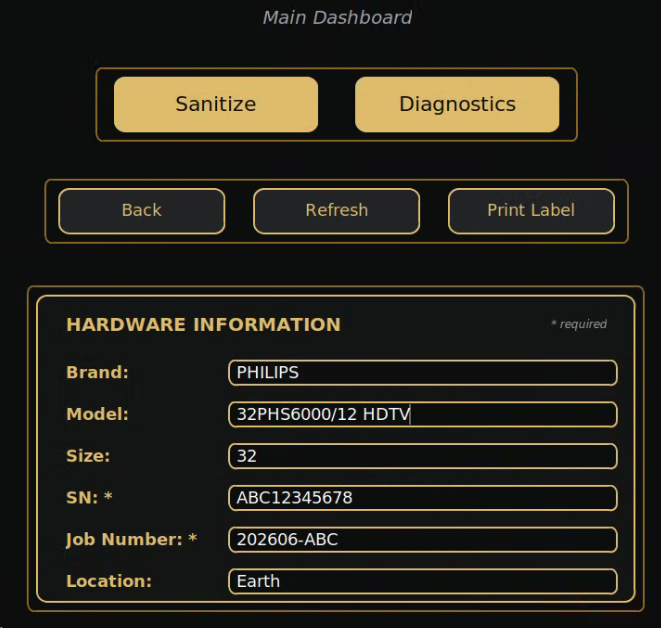 TeleRaze dashboard showing hardware information